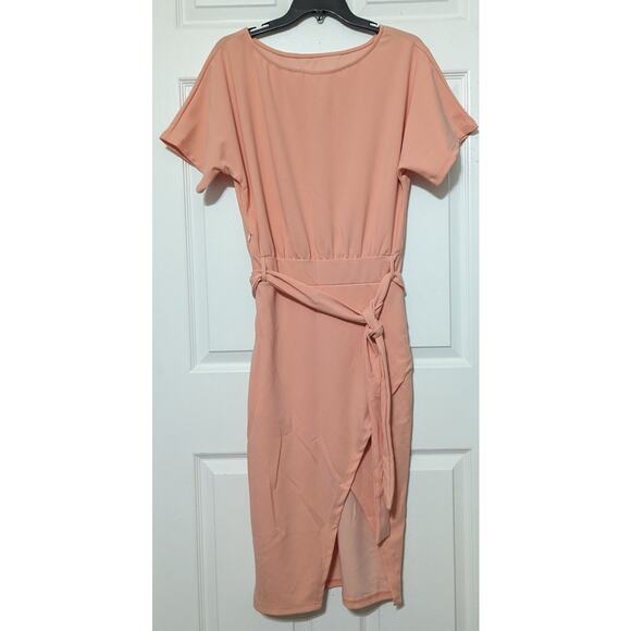 Womens Peach Belted Midi Dress Short Sleeve Office Cocktail Summer Party Dress S - Picture 6 of 14